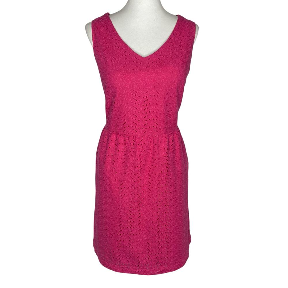 LL Bean Pink Eyelet Dress Womens 16 Fit & Flare Sleeveless V-Neck Cotton Pockets